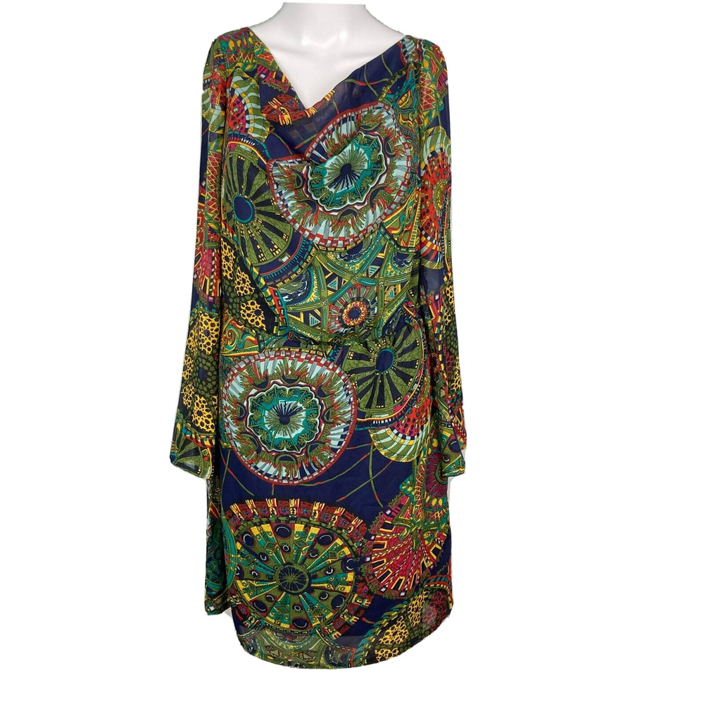 Nico LA Dress Womens Sz L Navy Blue‎ Gold Chiffon Medallion Print Flowy